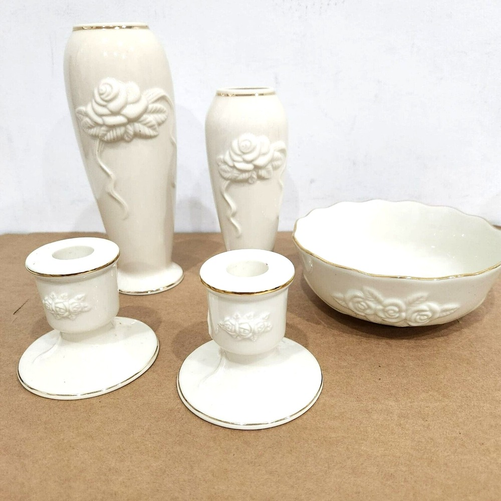 SET OF LENOX ROSE BLOSSOM ITEMS 6" BUD VASE CANDLE HOLDERS Bowl Flower Bud Vase